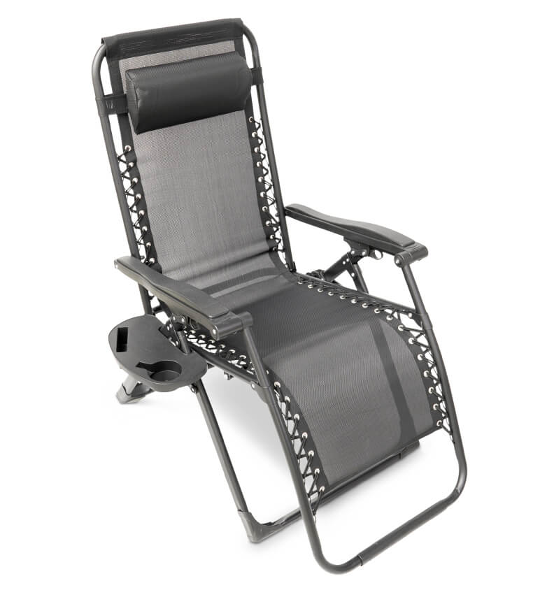 "Premium zero gravity folding chair with headrest, ergonomic design, black fabric, foldable, perfect for outdoor relaxation."