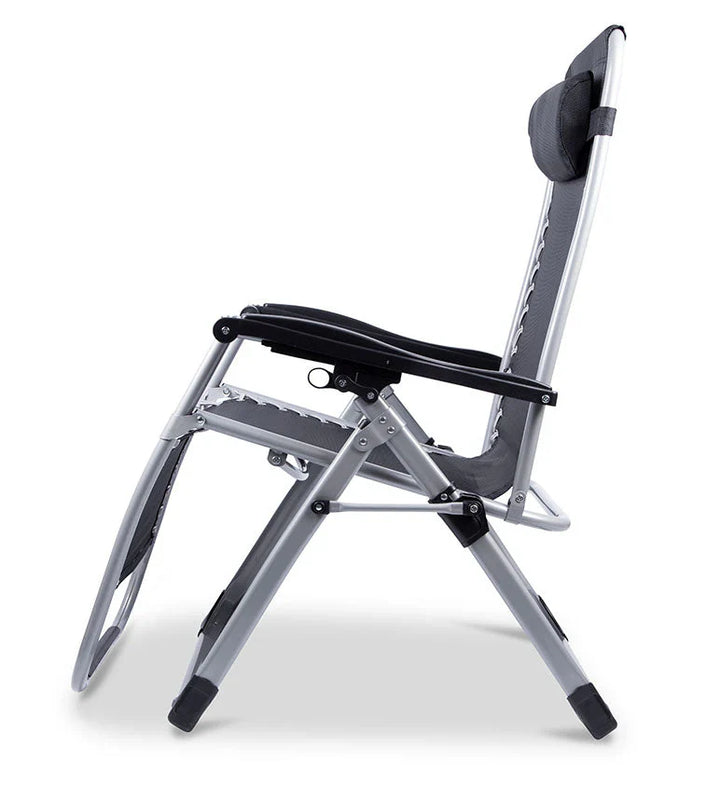 "Premium zero gravity folding chair with headrest, ergonomic design, black fabric, foldable, perfect for outdoor relaxation."