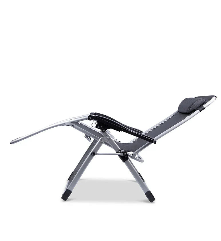 "Premium zero gravity folding chair with headrest, ergonomic design, black fabric, foldable, perfect for outdoor relaxation."