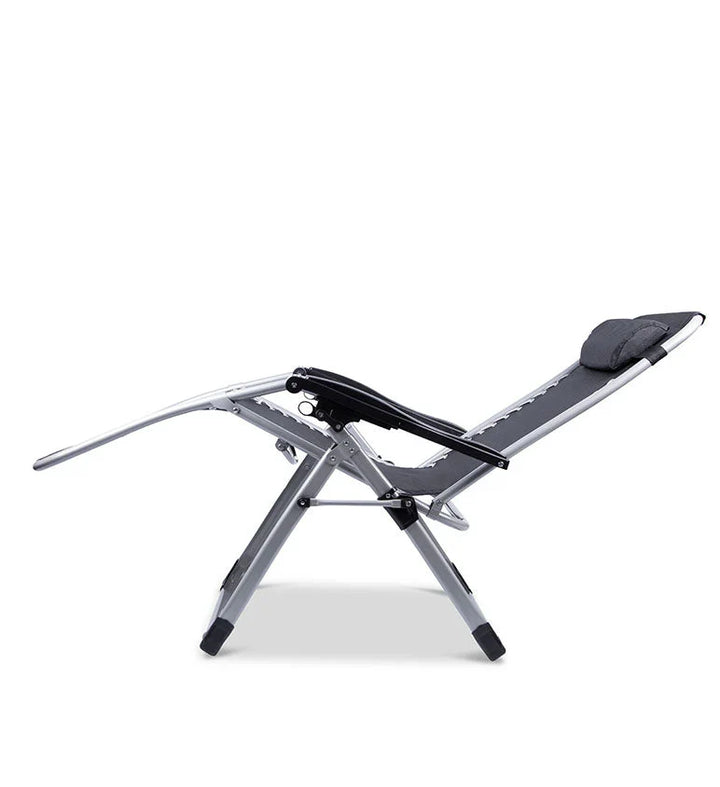 "Premium zero gravity folding chair with headrest, ergonomic design, black fabric, foldable, perfect for outdoor relaxation."