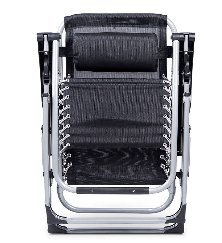 "Premium zero gravity folding chair with headrest, ergonomic design, black fabric, foldable, perfect for outdoor relaxation."