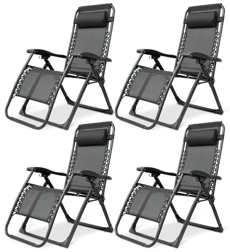 "Premium zero gravity folding chair with headrest, ergonomic design, black fabric, foldable, perfect for outdoor relaxation."