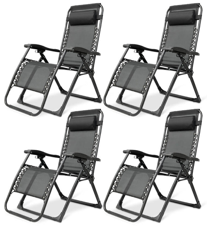 "Premium zero gravity folding chair with headrest, ergonomic design, black fabric, foldable, perfect for outdoor relaxation."