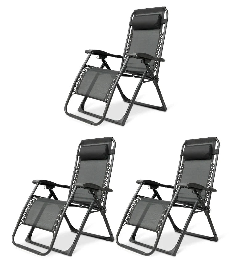 "Premium zero gravity folding chair with headrest, ergonomic design, black fabric, foldable, perfect for outdoor relaxation."