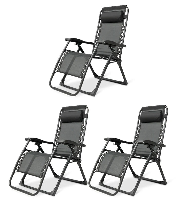 "Premium zero gravity folding chair with headrest, ergonomic design, black fabric, foldable, perfect for outdoor relaxation."