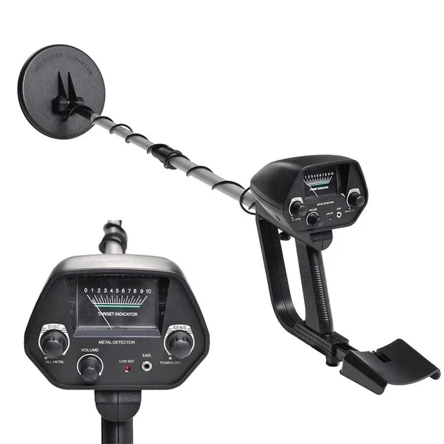 Professional metal detector for treasure hunting, black with LCD display, ergonomic handle, and adjustable height.