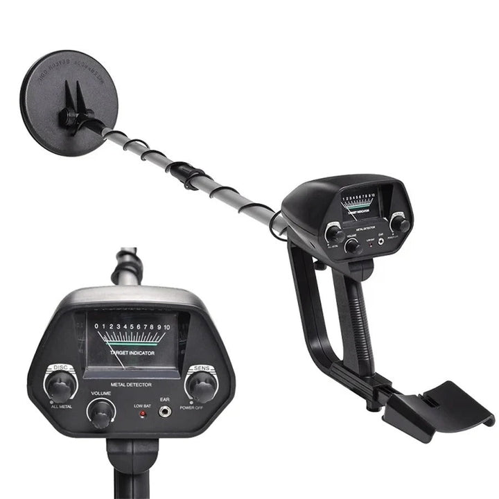 Professional metal detector for treasure hunting, black with LCD display, ergonomic handle, and adjustable height.