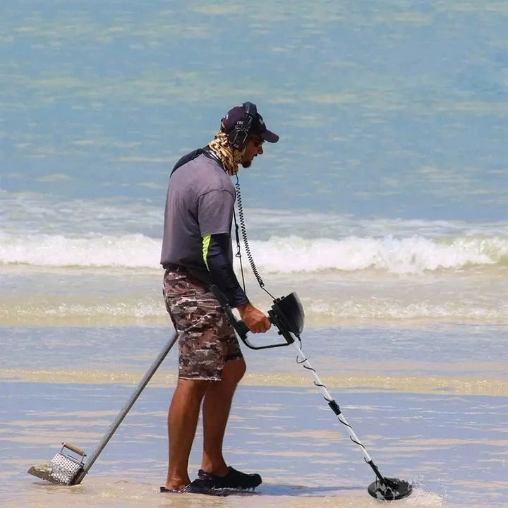 Professional metal detector for treasure hunting, black with LCD display, ergonomic handle, and adjustable height.