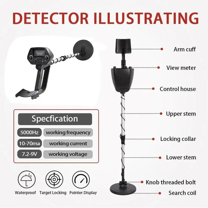 Professional metal detector for treasure hunting, black with LCD display, ergonomic handle, and adjustable height.