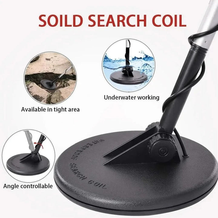 Professional metal detector for treasure hunting, black with LCD display, ergonomic handle, and adjustable height.