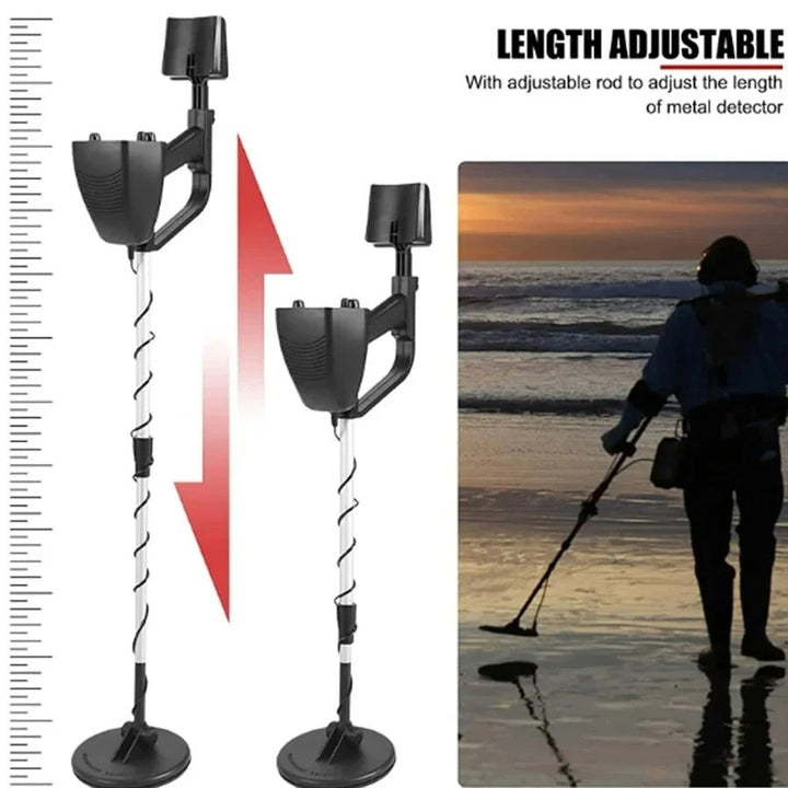 Professional metal detector for treasure hunting, black with LCD display, ergonomic handle, and adjustable height.