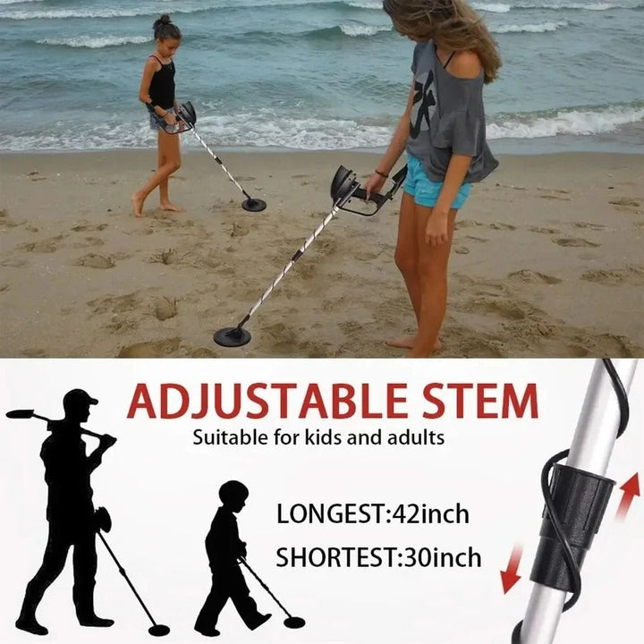 Professional metal detector for treasure hunting, black with LCD display, ergonomic handle, and adjustable height.