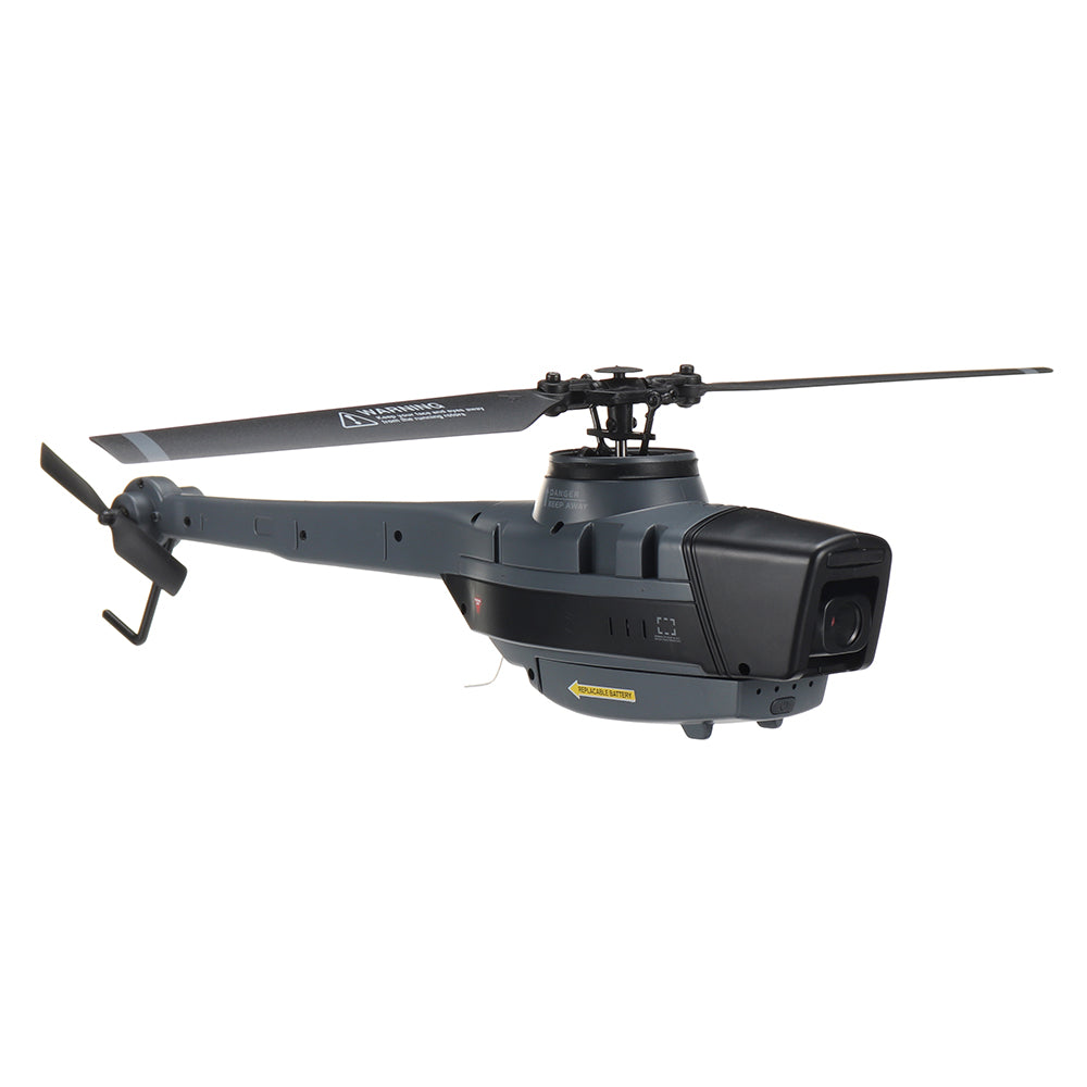RC Helicopter with 1080P camera, robust frame, vibrant blades, flybarless, ideal for stable aerial photography and stunts.