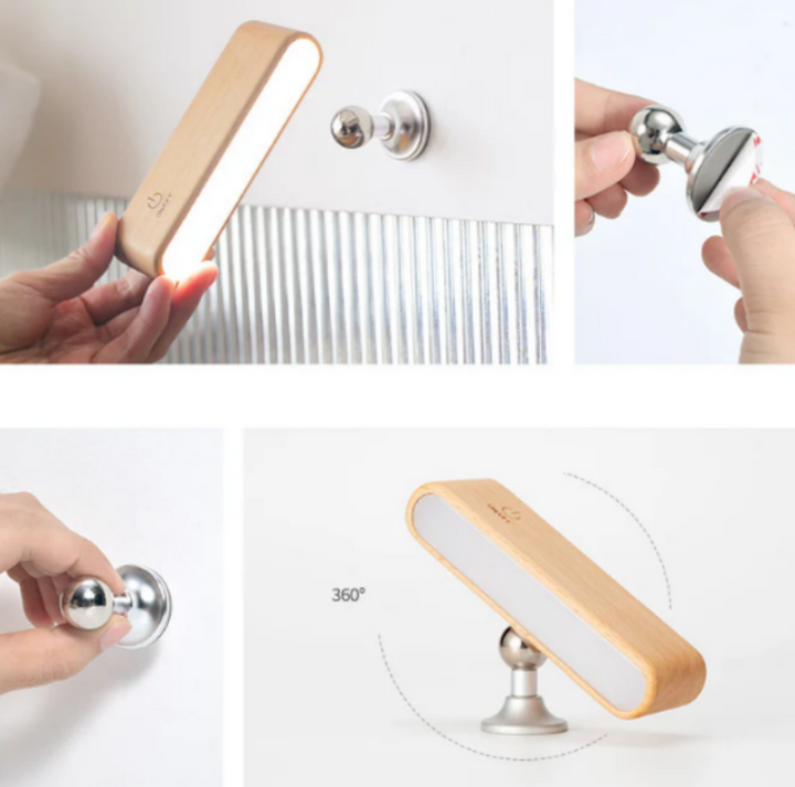 Rechargeable 360° rotatable wooden LED wall light, sleek design, solid wood, touch control, adjustable brightness, modern lam