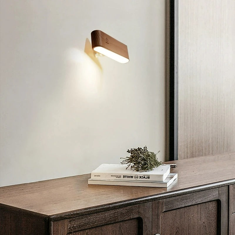 Rechargeable 360° rotatable wooden LED wall light, sleek design, solid wood, touch control, adjustable brightness, modern lam