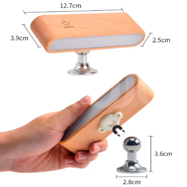 Rechargeable 360° rotatable wooden LED wall light, sleek design, solid wood, touch control, adjustable brightness, modern lam