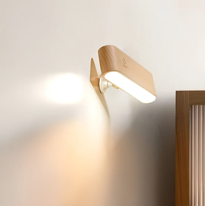 Rechargeable 360° rotatable wooden LED wall light, sleek design, solid wood, touch control, adjustable brightness, modern lam
