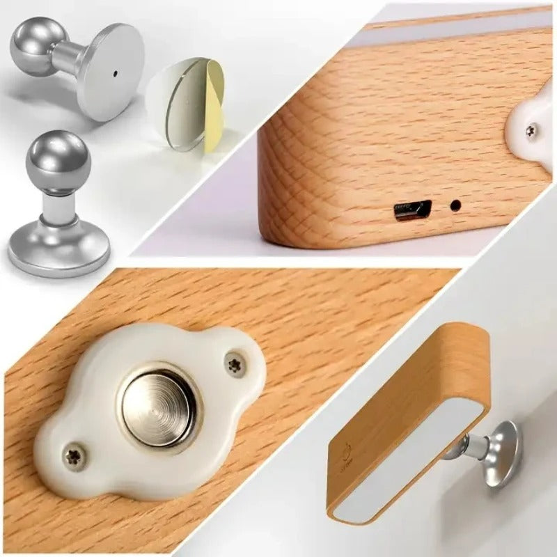 Rechargeable 360° rotatable wooden LED wall light, sleek design, solid wood, touch control, adjustable brightness, modern lam