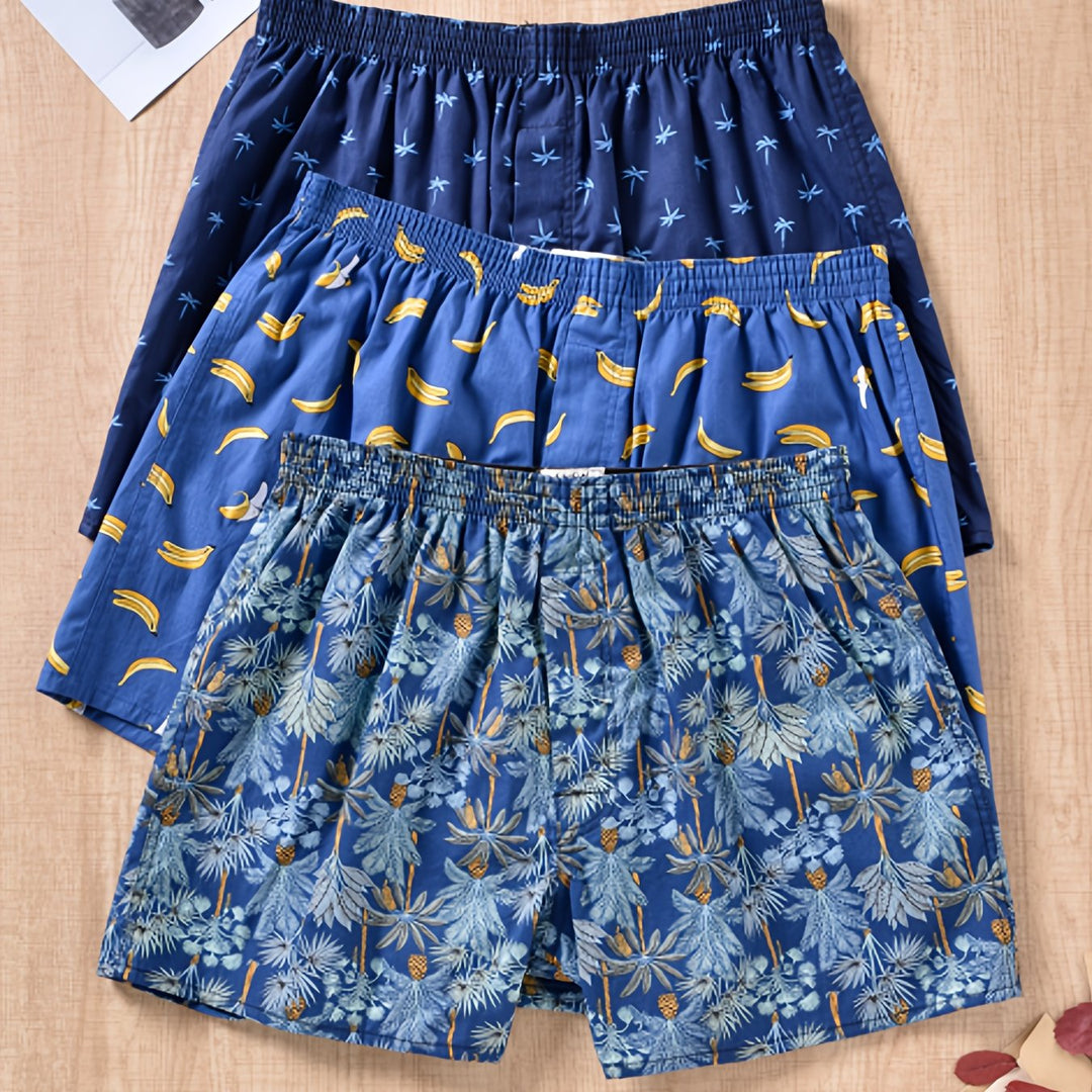 "Set of 3 men's cotton boxers with modern plant print, non-elastic fit, breathable 100% cotton for everyday comfort."