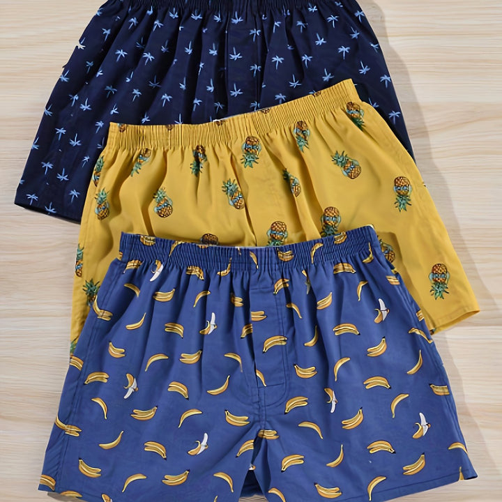 "Set of 3 men's cotton boxers with modern plant print, non-elastic fit, breathable 100% cotton for everyday comfort."