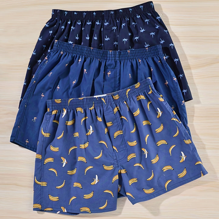"Set of 3 men's cotton boxers with modern plant print, non-elastic fit, breathable 100% cotton for everyday comfort."