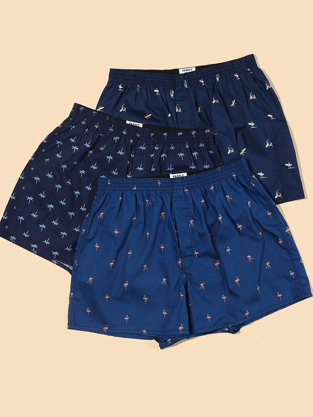 "Set of 3 men's cotton boxers with modern plant print, non-elastic fit, breathable 100% cotton for everyday comfort."
