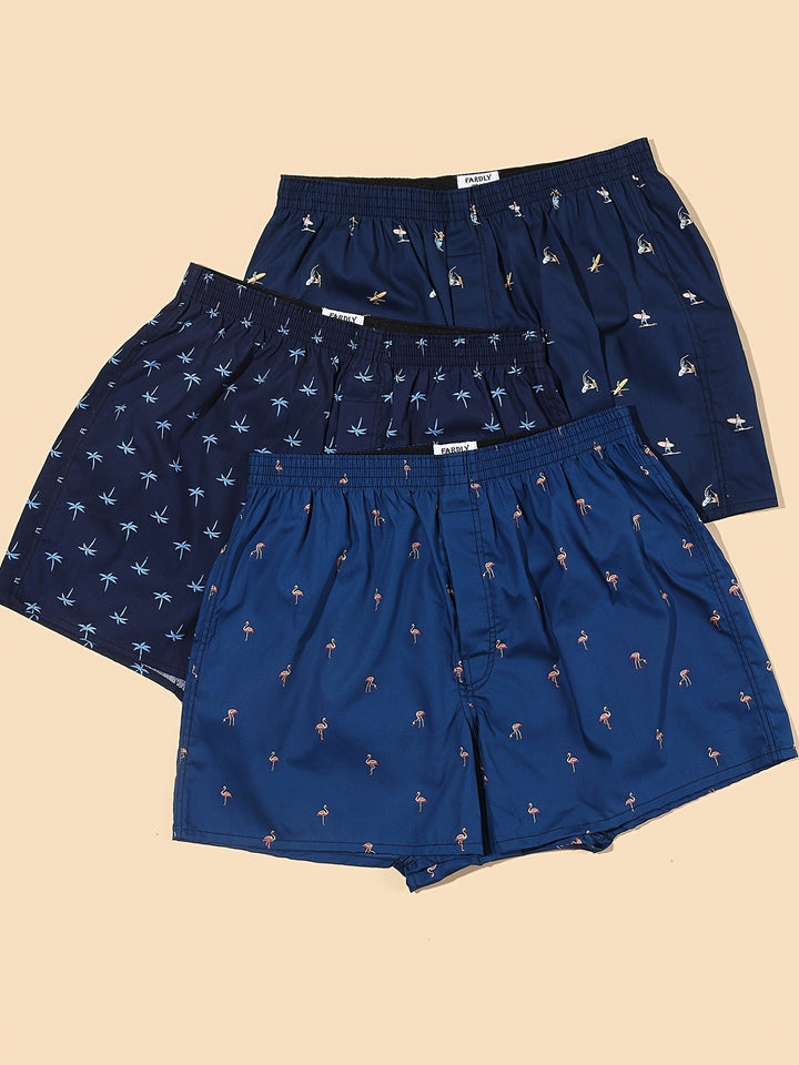 "Set of 3 men's cotton boxers with modern plant print, non-elastic fit, breathable 100% cotton for everyday comfort."