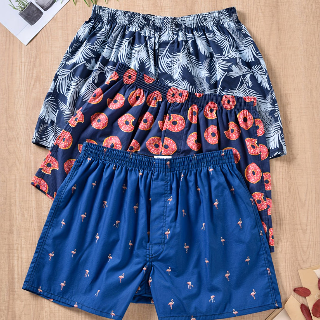 "Set of 3 men's cotton boxers with modern plant print, non-elastic fit, breathable 100% cotton for everyday comfort."