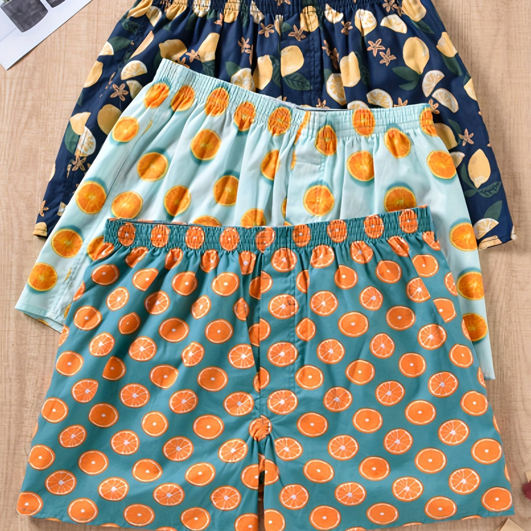 "Set of 3 men's cotton boxers with modern plant print, non-elastic fit, breathable 100% cotton for everyday comfort."