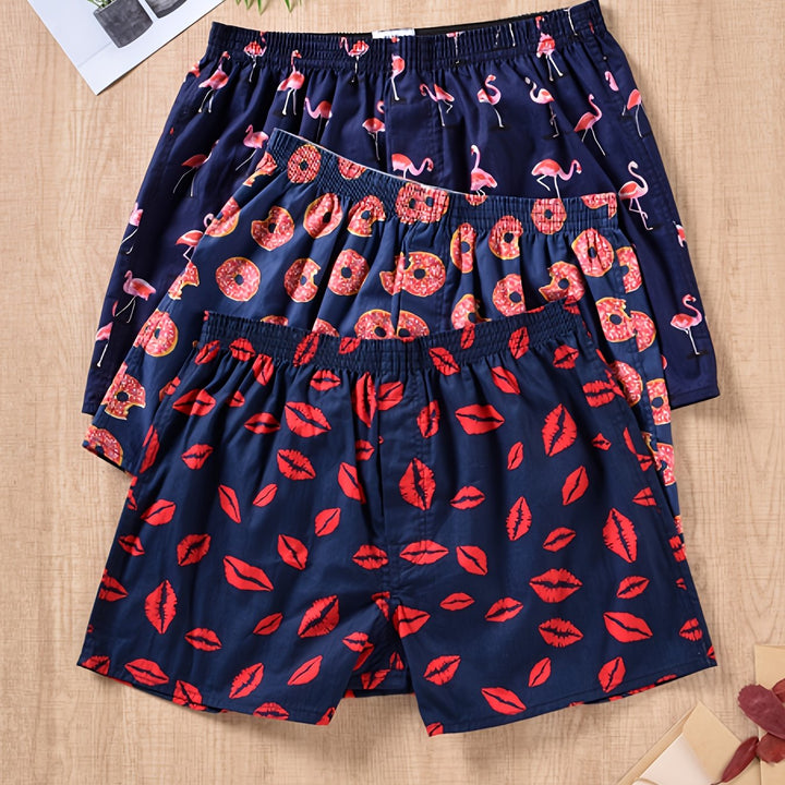 "Set of 3 men's cotton boxers with modern plant print, non-elastic fit, breathable 100% cotton for everyday comfort."