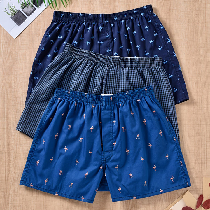 "Set of 3 men's cotton boxers with modern plant print, non-elastic fit, breathable 100% cotton for everyday comfort."