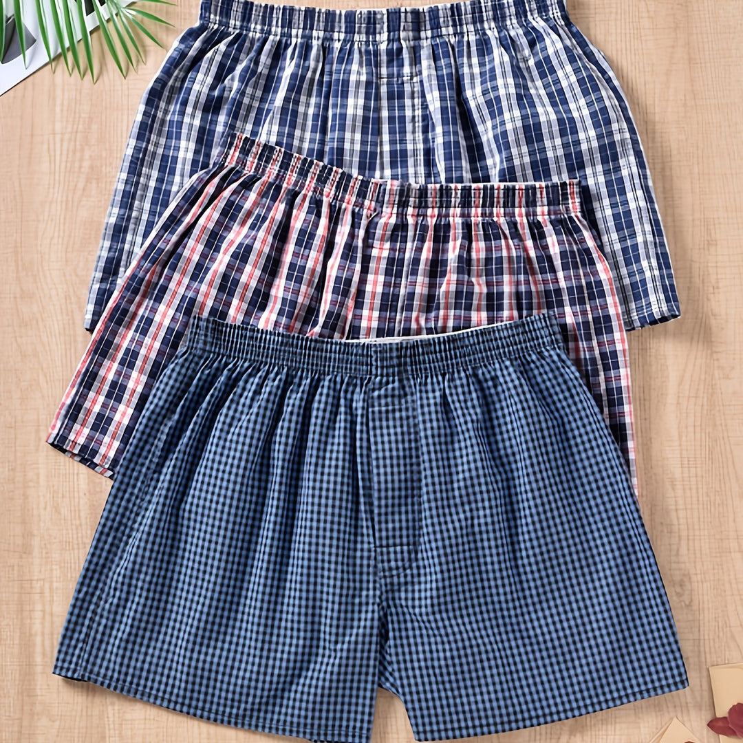 "Set of 3 men's cotton boxers with modern plant print, non-elastic fit, breathable 100% cotton for everyday comfort."