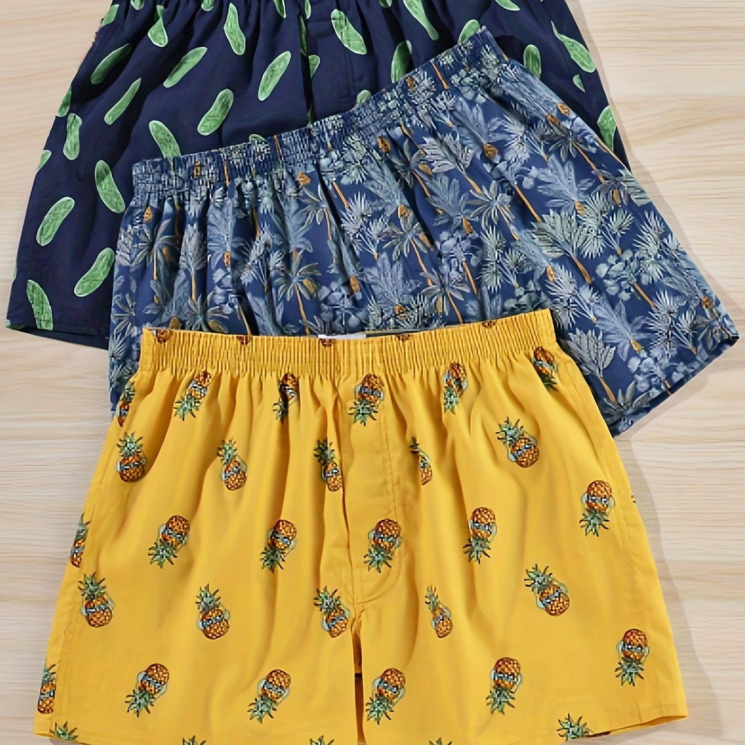 "Set of 3 men's cotton boxers with modern plant print, non-elastic fit, breathable 100% cotton for everyday comfort."
