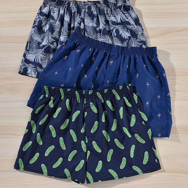 "Set of 3 men's cotton boxers with modern plant print, non-elastic fit, breathable 100% cotton for everyday comfort."