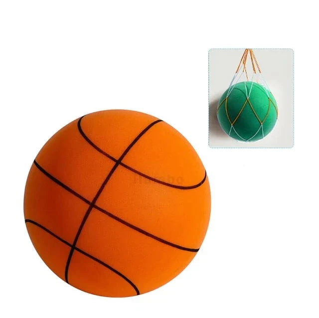 "Silent indoor basketball in vibrant orange, crafted from soft PU foam for noiseless dribbling and shooting."