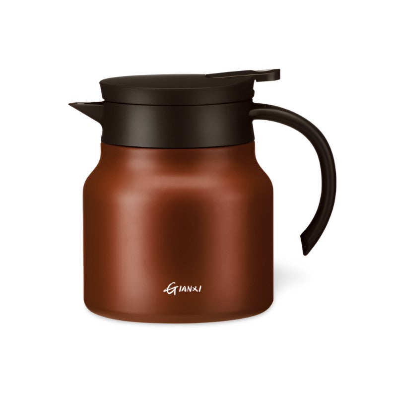 "Sleek insulated teapot with infuser, ceramic steel liners, 800ml capacity, in stylish brown, perfect for hot or cold drinks.