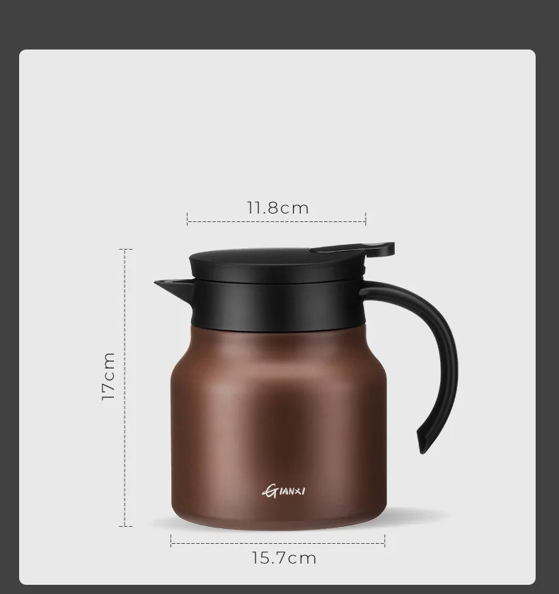 "Sleek insulated teapot with infuser, ceramic steel liners, 800ml capacity, in stylish brown, perfect for hot or cold drinks.