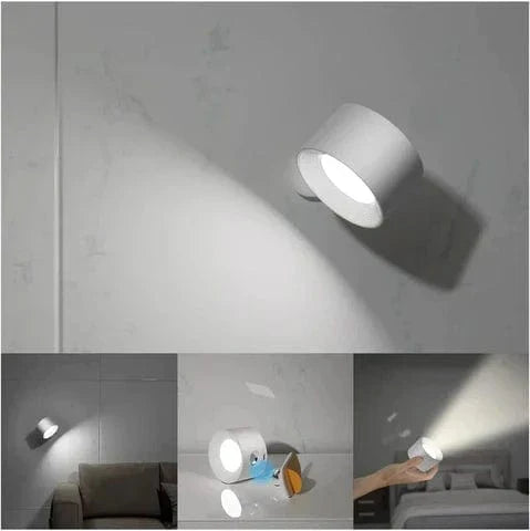 "Sleek wireless rechargeable wall light with magnetic mount and 360° rotation for modern home interiors."