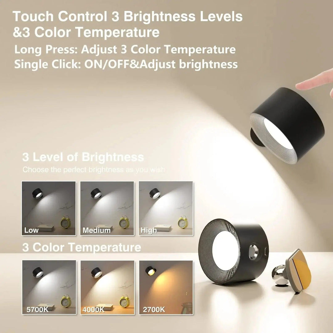 "Sleek wireless rechargeable wall light with magnetic mount and 360° rotation for modern home interiors."