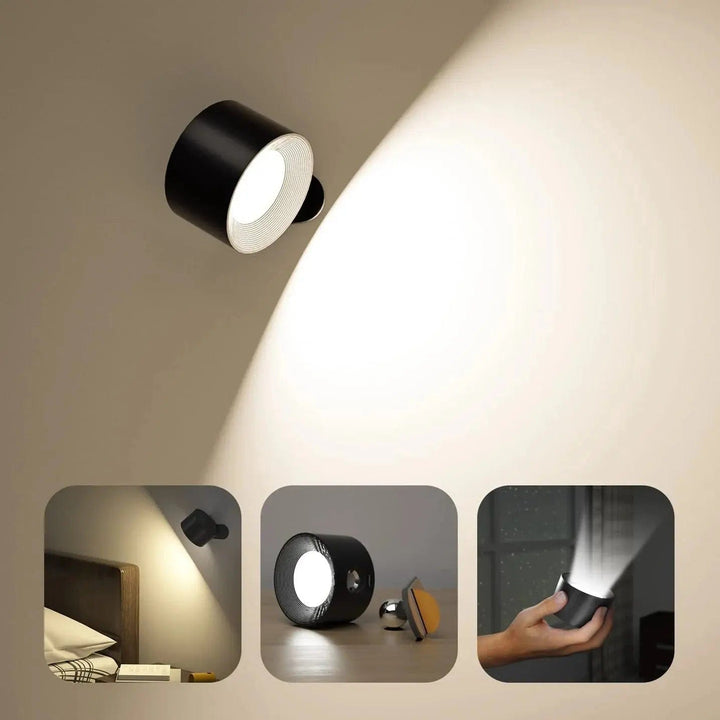 "Sleek wireless rechargeable wall light with magnetic mount and 360° rotation for modern home interiors."