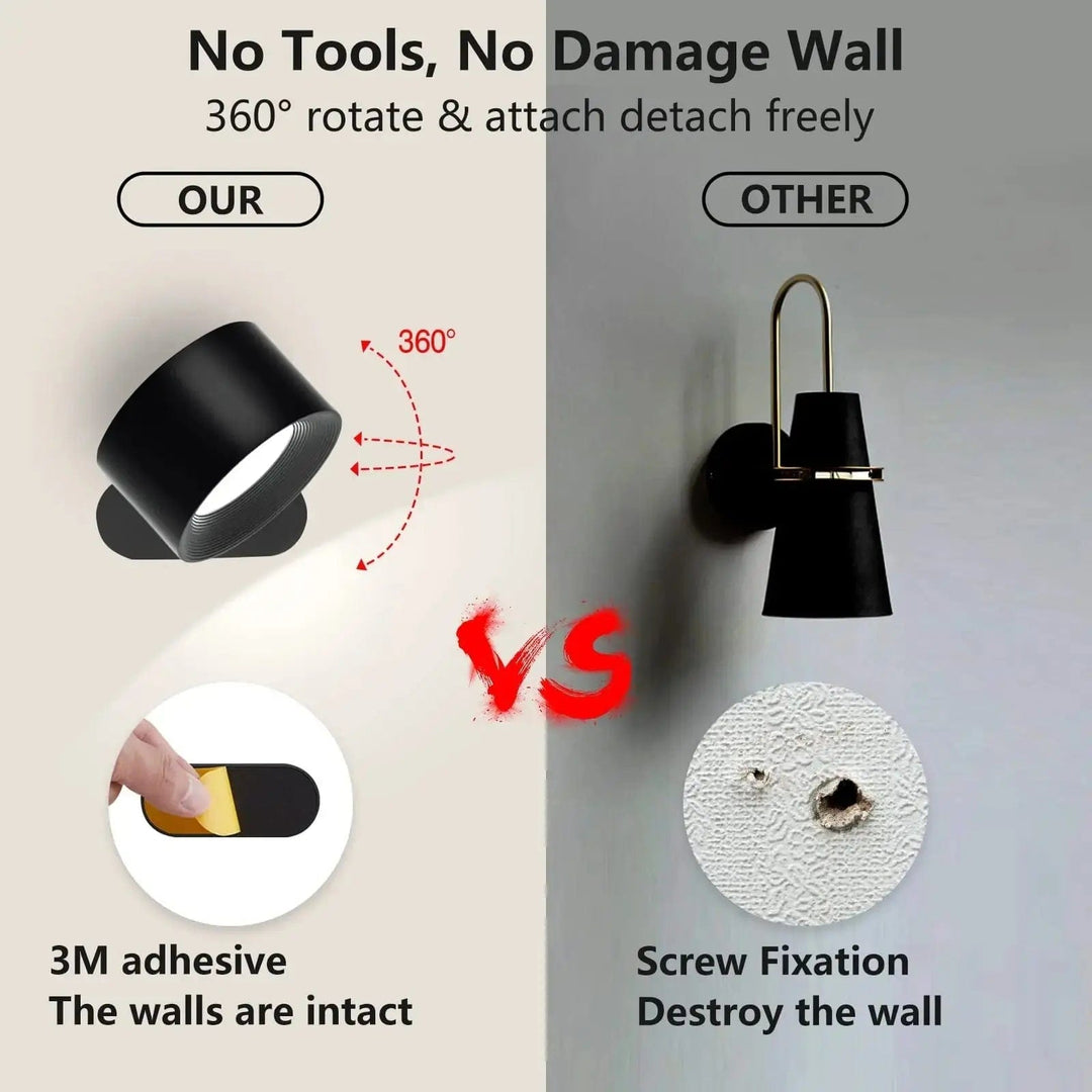 "Sleek wireless rechargeable wall light with magnetic mount and 360° rotation for modern home interiors."