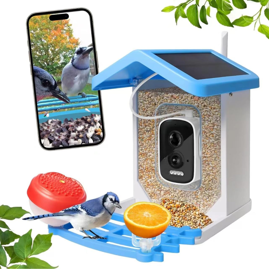 "Smart solar bird feeder with HD camera, vibrant green exterior, capturing birds in high detail, ideal for garden use."