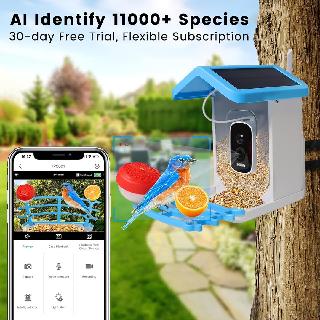 "Smart solar bird feeder with HD camera, vibrant green exterior, capturing birds in high detail, ideal for garden use."