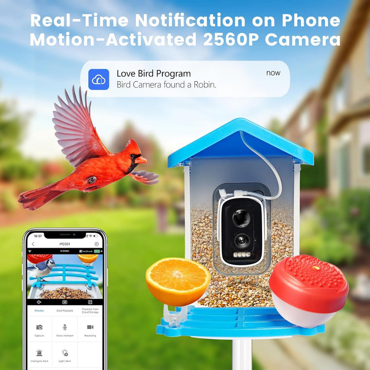 "Smart solar bird feeder with HD camera, vibrant green exterior, capturing birds in high detail, ideal for garden use."