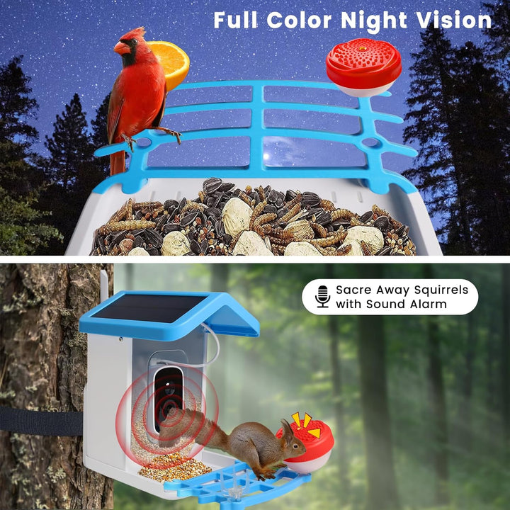 "Smart solar bird feeder with HD camera, vibrant green exterior, capturing birds in high detail, ideal for garden use."