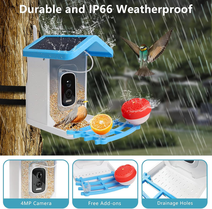 "Smart solar bird feeder with HD camera, vibrant green exterior, capturing birds in high detail, ideal for garden use."