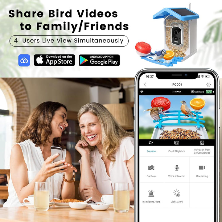 "Smart solar bird feeder with HD camera, vibrant green exterior, capturing birds in high detail, ideal for garden use."