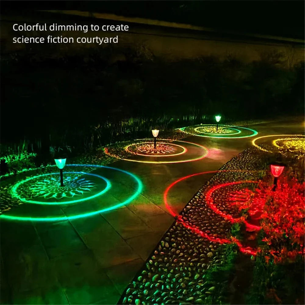 "Solar LED Mandala Garden Light casting intricate shadows on pathway, showcasing artistic outdoor illumination at night."