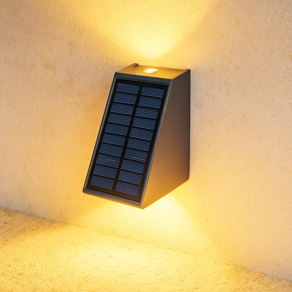 "Solar LED outdoor wall light illuminating up and down; eco-friendly, weather-resistant, elegant design; multiple light color