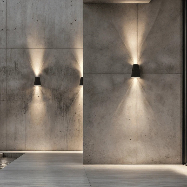 "Solar LED outdoor wall light illuminating up and down; eco-friendly, weather-resistant, elegant design; multiple light color